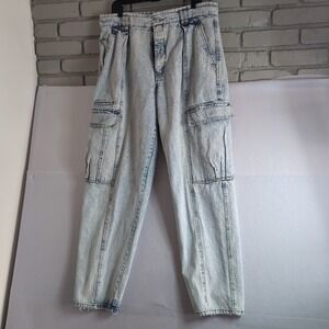 Vintage Jordache Acid Wash Cargo Jeans Mens 38x32 Tapered Leg Denim Blue Retro